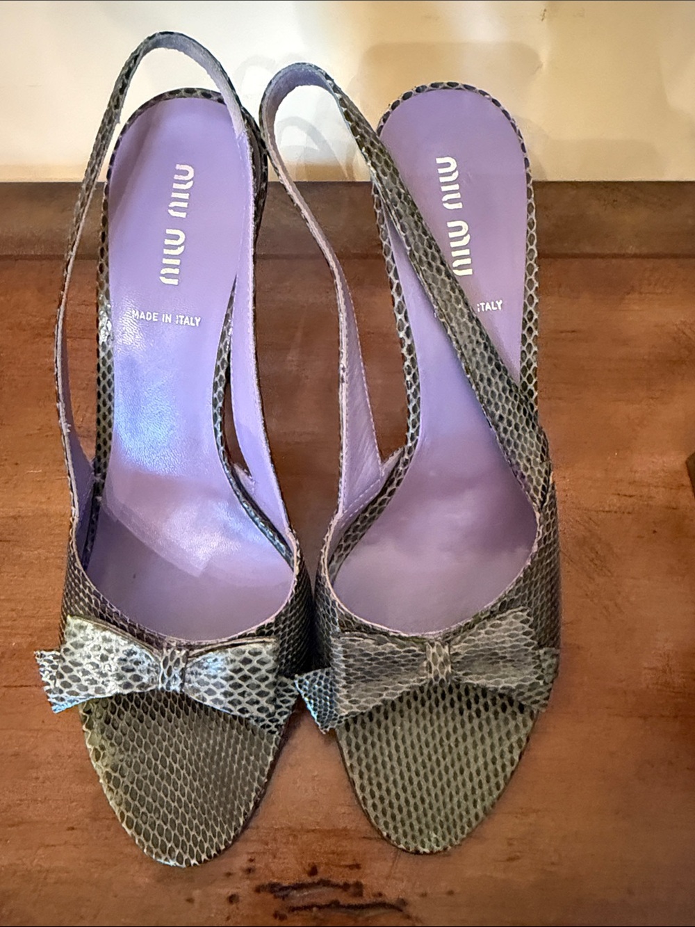 Miu Miu Gray Snake-Print Slingback Heels with Lavender Insole